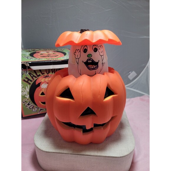 Animated Halloween Pumpkin with Ghost Inside Decoration Rare 8” w/ Box - Picture 2 of 5